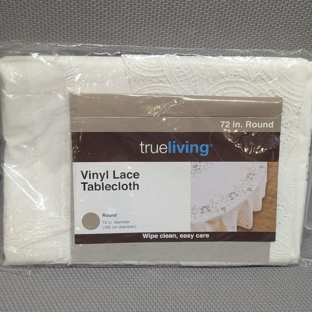 True Living Vinyl Lace Tablecloth 72 Inch Round White Wipe Clean Table Cover